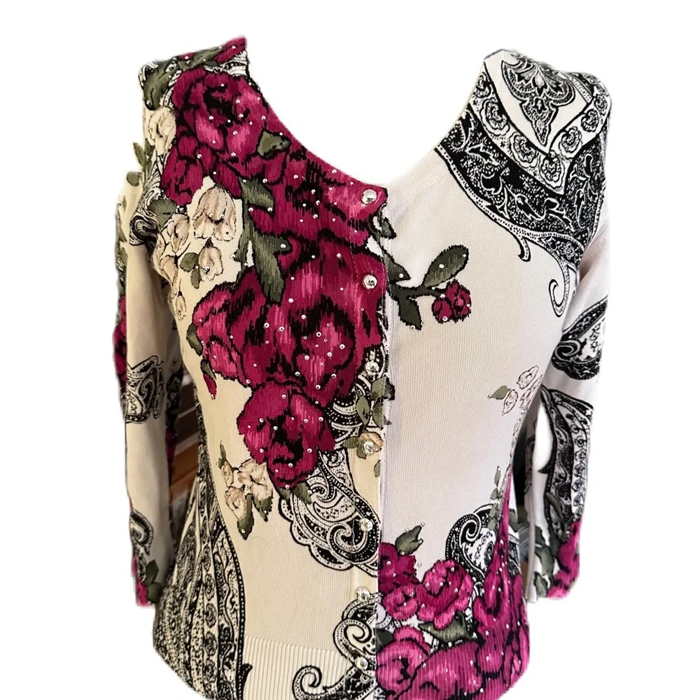 White House Black Market Long Sleeve Jewel Button floral and Paisley Sweater. S
